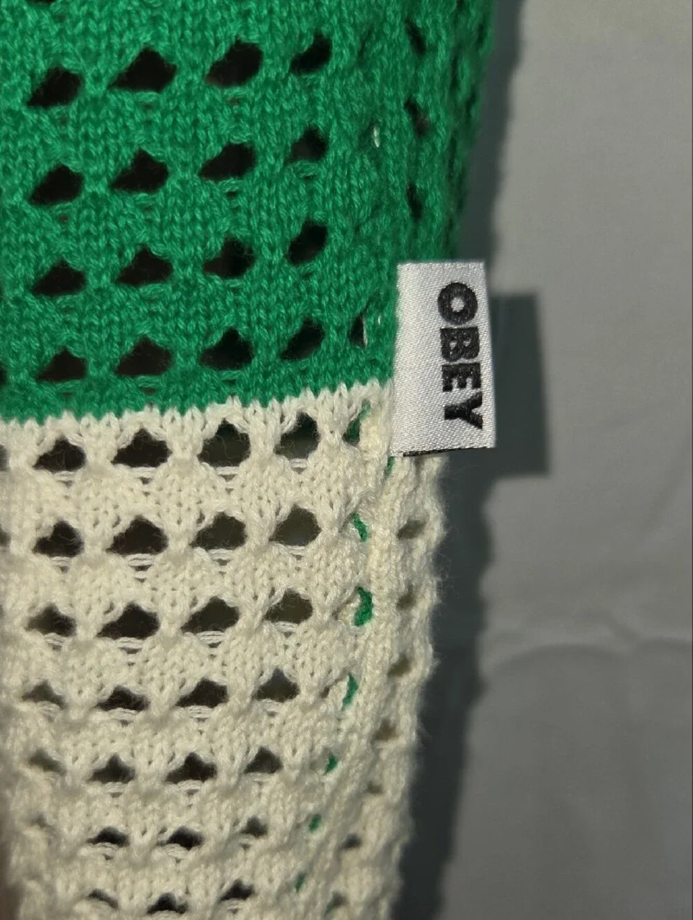 Obey Crochet Open Knit Cardigan Men's Md. Green Cream Tan Sweater (0255)